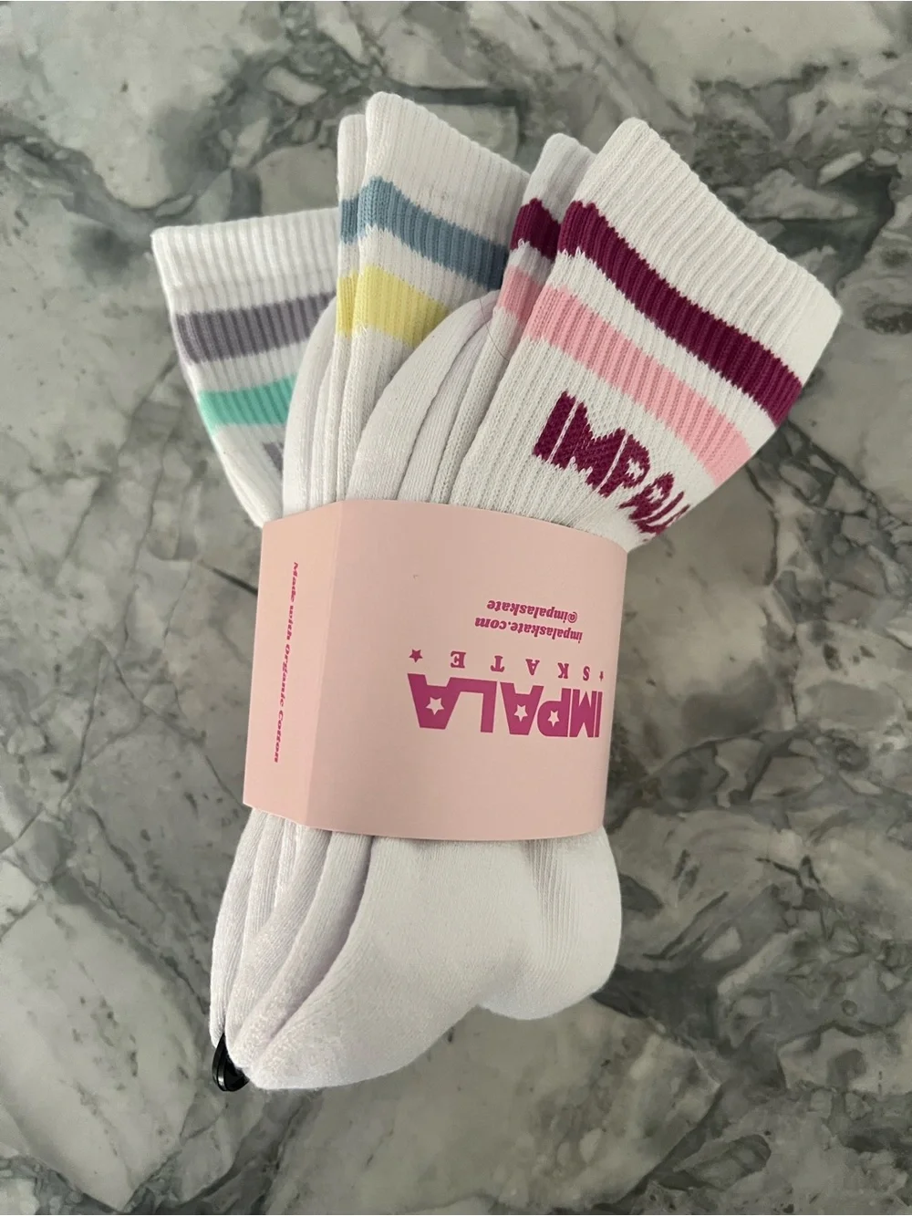 IMPALA Women's White Crew Socks 3-Pack with Pastel Striped Accents